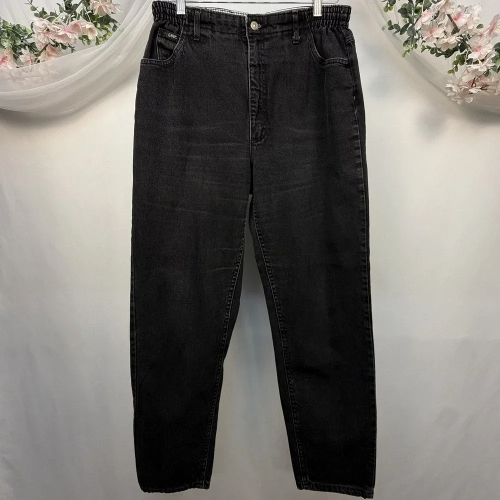 VTG Lee Women's Coal Wash Black Elastic Waist Band Jeans Size 14Med (34x31)